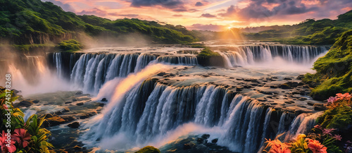 Fantasy landscape with waterfalls, panorama.