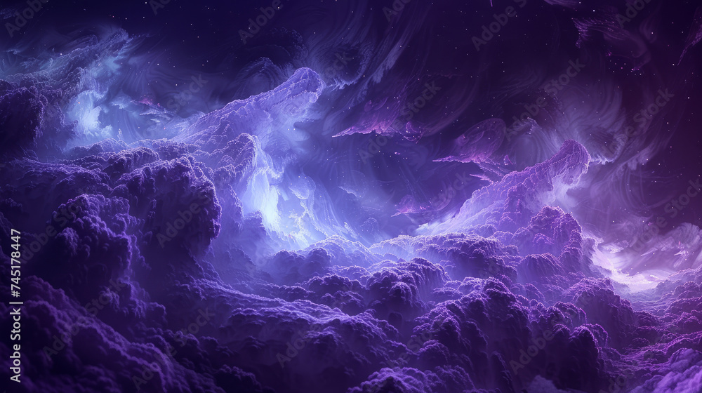 Surreal violet waves with sparkling particles, creating an abstract cosmic landscape.
 - obrazy, fototapety, plakaty 