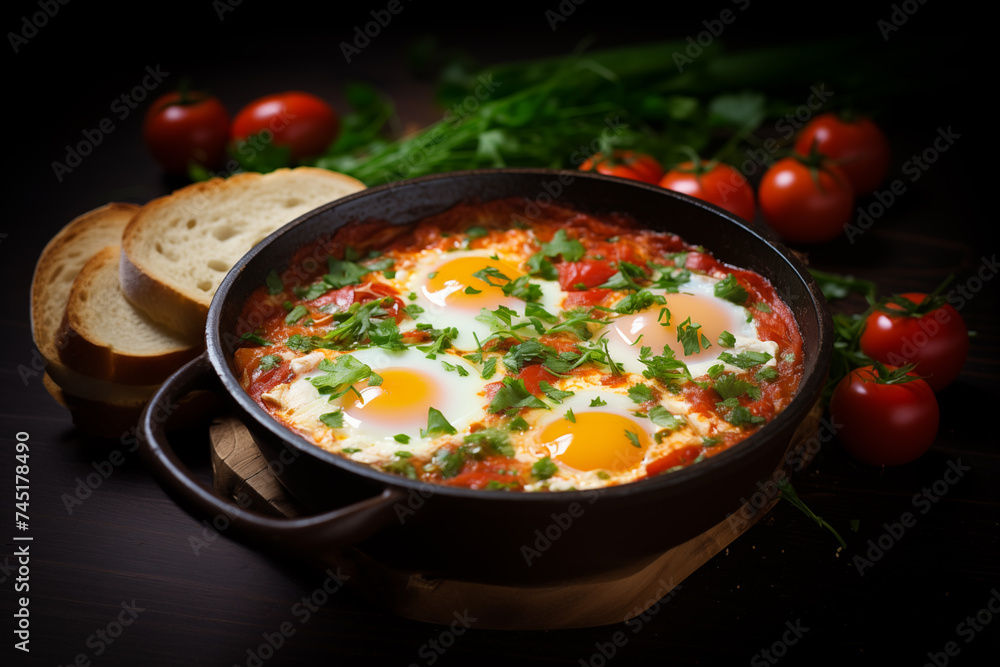 Freshly cooked shakshuka in a black metal pot with bread, red tomatoes, and herbs in the background.