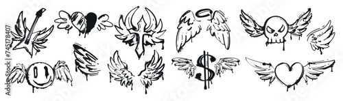 Spray paint graffiti wing with drips and splatter. Black inky human skull, rock guitar, dollar icon, cross, angel emoji and flying heart with wings. Grunge airbrush street style symbols and stickers.
