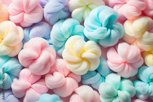 Colorful cotton candy in soft pastel color background, close up of pink and white candy, Generative AI 