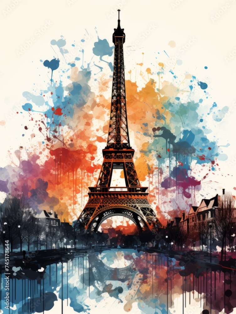 A bright picture with the sights of Paris. splashes of color. An emotional picture. Vertical Frame. on a white background. holiday. bright colors . firework