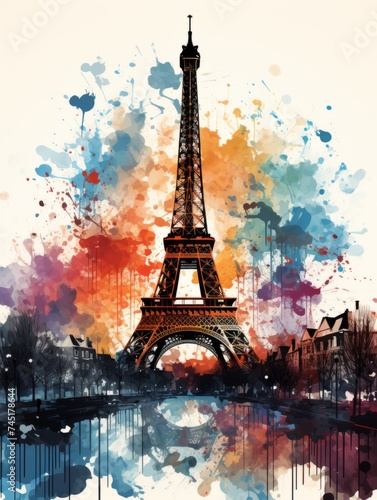A bright picture with the sights of Paris. splashes of color. An emotional picture. Vertical Frame. on a white background. holiday. bright colors . firework