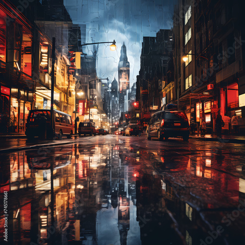 Abstract reflections in a rain-soaked city street. 