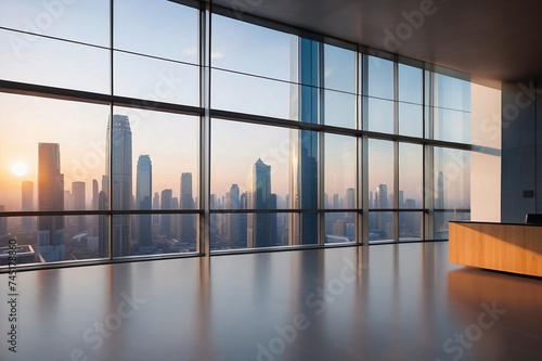 Empty modern interior space or Empty Business Office Interior with skyscraper city view in sunset
