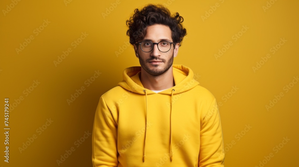 Portrait of a confident handsome Man, a Creative Designer with Stubble, Wearing glasses and a fashionable Hoodie, looking at the camera on a yellow background from copy space. Portrait of a confident handsome Man, a Creative Designer with Stubble, Wearing glasses and a fashionable Hoodie, looking at the camera on a yellow background from copy space.