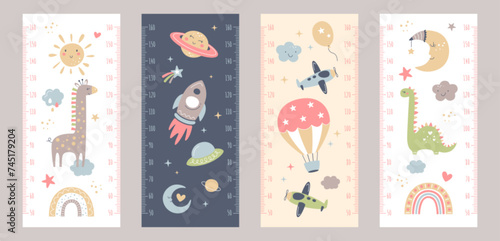 Baby height growth chart with cute animals, rainbow, cloud, sun, moon, balloon, rocket and galaxy space in boho cartoon style. Childish meter wall, kids measuring ruler for nursery vector illustration