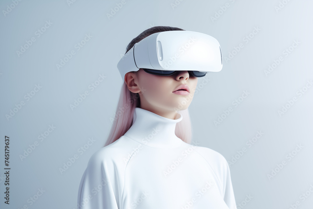 Woman Experiencing Virtual Reality with Smart Glasses, Future Technology Concept Woman Experiencing Virtual Reality with Smart Glasses, Future Technology Concept
