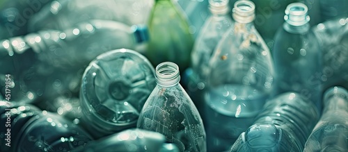 A group of transparent empty glass bottles sit side by side, reflecting light in a simple arrangement. The bottles are common household items that can contribute to pollution if not properly recycled.