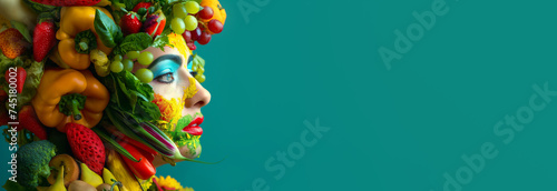 Beautiful woman with fruits and vegetables on her body. Concept banner about diet and health on a green background.