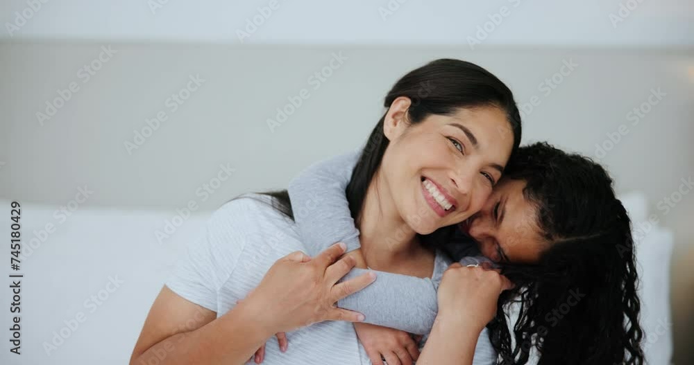 Mom, love and surprise with daughter hugging family in bedroom of home together for playful bonding. Portrait, smile or playing with happy woman parent and girl child laughing on bed in apartment Mom, love and surprise with daughter hugging family in bedroom of home together for playful bonding. Portrait, smile or playing with happy woman parent and girl child laughing on bed in apartment