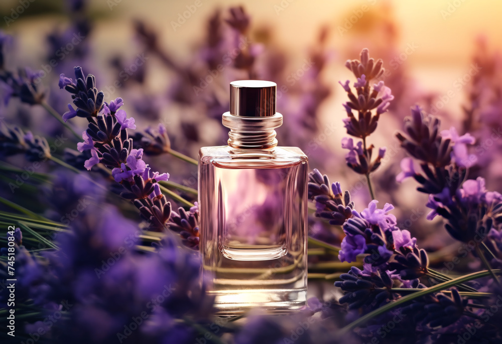 Mockup of bottle of perfume in a lavender garden Mockup of bottle of perfume in a lavender garden