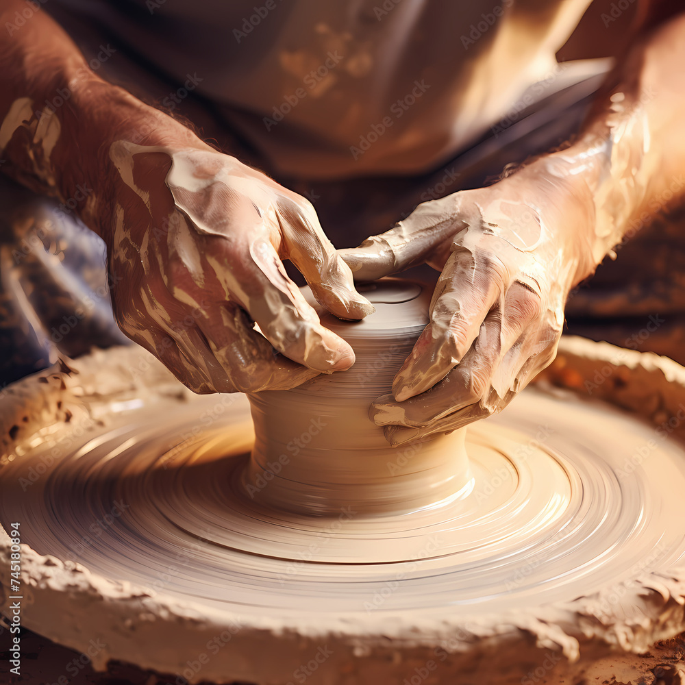 Close-up of a potter shaping clay on a wheel. 