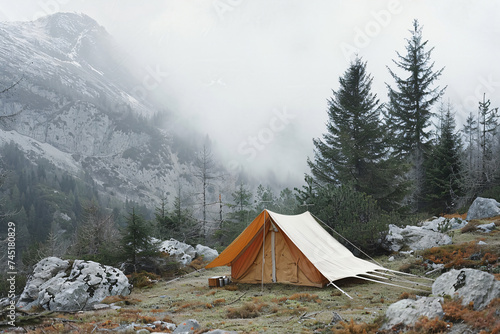 Secluded tent in misty alpine forest. Wilderness camping concept in moody, foggy mountain setting. Solitude and exploration theme for adventure, poster, wallpaper. Ethereal outdoor composition