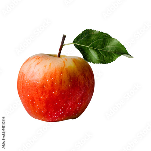  A side view of a crisp red apple with a vibrant green leaf, transparent background