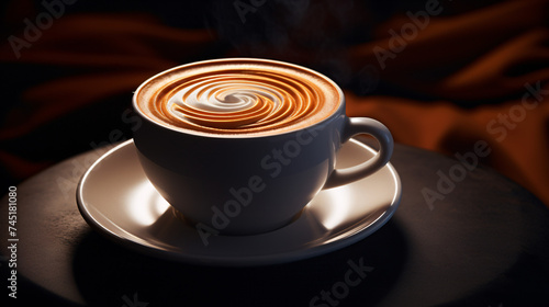  Image of a white cup of coffee with milk  in the style of dark atmosphere  dark orange and light gold.