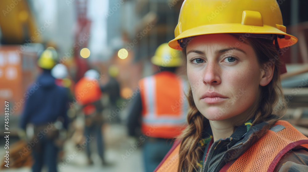 Female construction worker with safety helmet at construction site. Close-up portrait with selective focus and blurred workers in the background. Female construction worker with safety helmet at construction site. Close-up portrait with selective focus and blurred workers in the background.