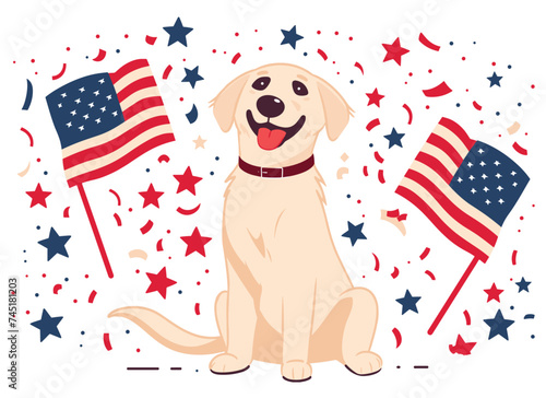 Vector 4th of July patriotic dog illustration with American flag on both sides, confetti Independence-themed design background