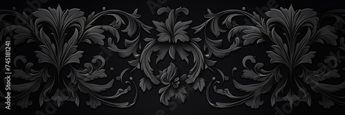 A Black wallpaper with ornate design, in the style of victorian, repeating pattern vector illustration