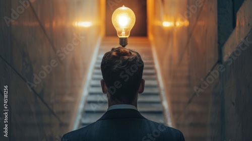 Businessman lookin up to a lightbulb on top of the stairs in a hallway. The concept of creation process. photo