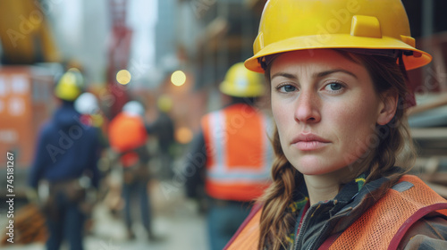 Female construction worker with safety helmet at construction site. Close-up portrait with selective focus and blurred workers in the background. © Arunatic Studio