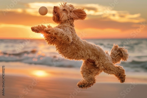 Joyful Labradoodle Playing Fetch on the Beach at Sunset