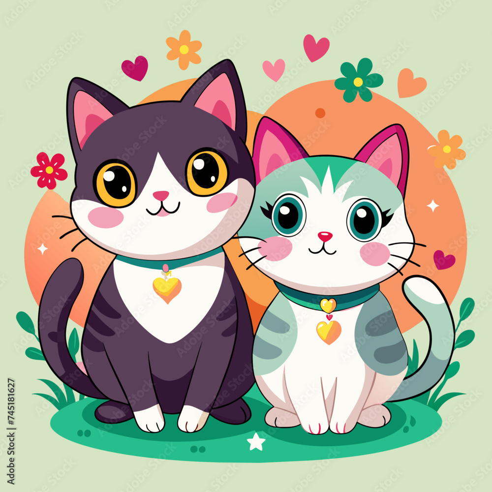 Illustration of Two Cute Cats Living Together