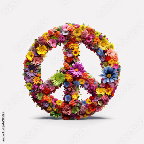 Peace symbol made of flowers on white background
