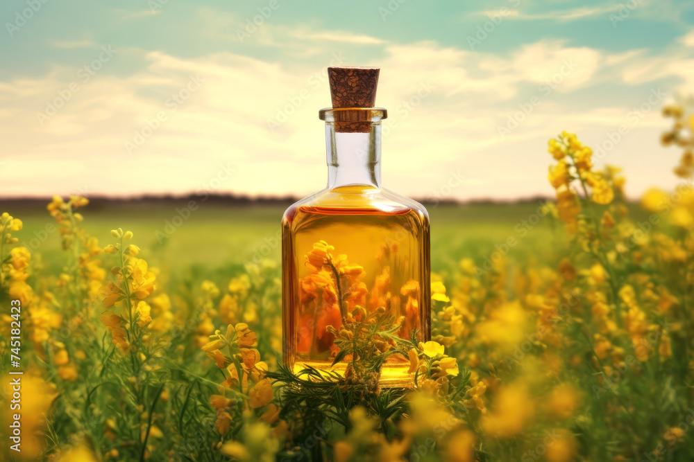 Discover tranquility in this image of an elegant perfume bottle amidst a vibrant field Discover tranquility in this image of an elegant perfume bottle amidst a vibrant field