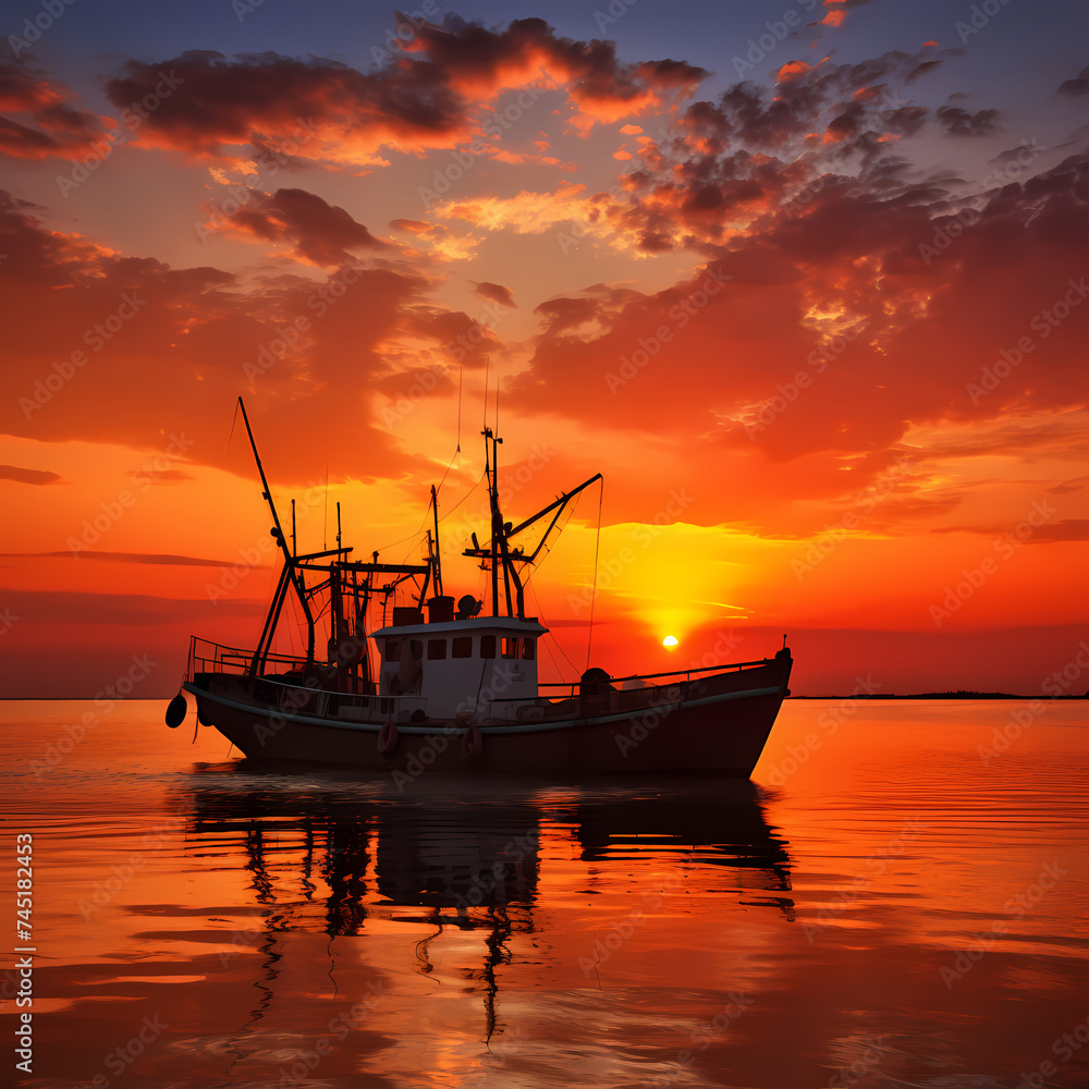 Fishing boat silhouetted against a fiery sunset. 