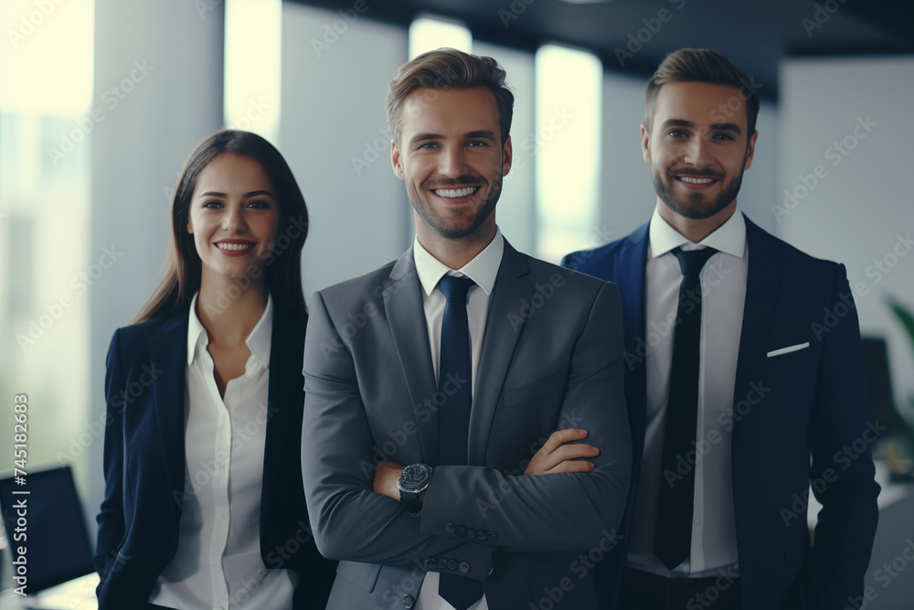 Confident Business Professionals Smiling Directly at Camera in Workplace Environment Confident Business Professionals Smiling Directly at Camera in Workplace Environment