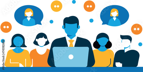 Business people using computer-based communication, such as online discussion forums, video-focused group chats, online conference calls, team chats, or the use of technology to facilitate team discus