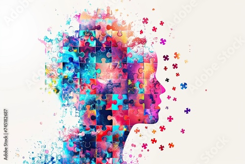 human profile filled with jigsaw puzzles. World autism awareness day