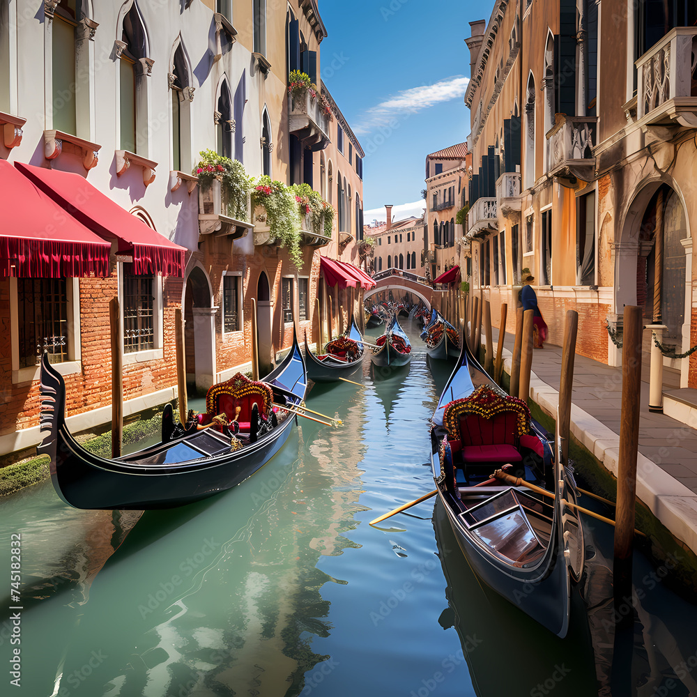 Gondolas floating along a picturesque canal in Venice