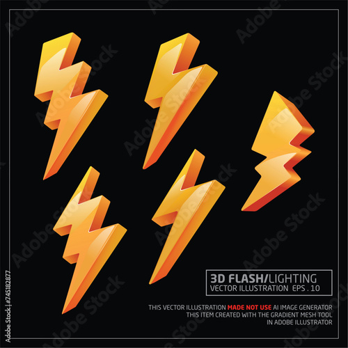 3D Flash Lightning Vector Illustration. Lightning icons and symbols set isolated.