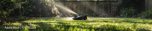 A backyard with a robotic lawn mower and automated sprinkler system photo