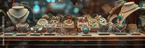 A display of jewelry in a glass case