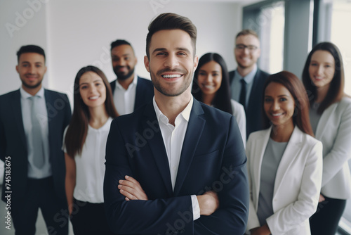 Confident Business Professionals Smiling Directly at Camera in Workplace Environment