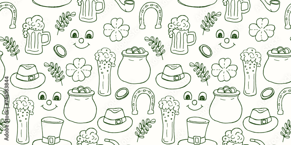 Seamless vector pattern for St. Patrick's Day. Beige background with green doodle illustrations of beer, gold, clover leaves and funny gnomes.