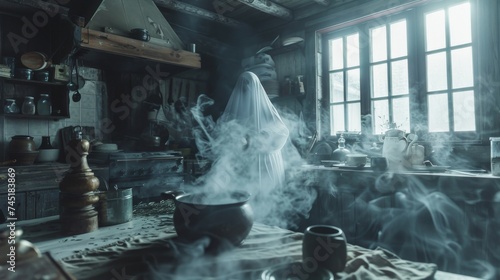A friendly ghost cooking in an old rustic kitchen preparing spectral dishes that float in the air