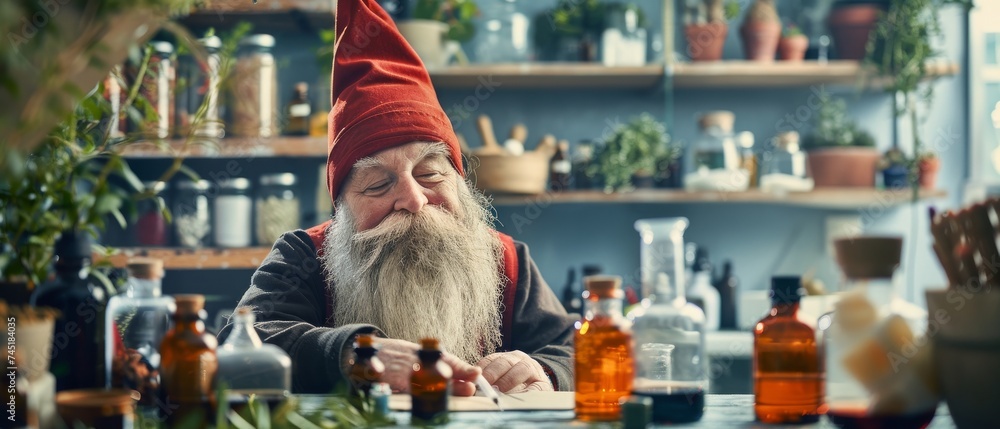 A gnome creating healing elixirs in a hospital lab, using a combination of ancient magic and modern medicine - obrazy, fototapety, plakaty 