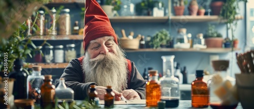 A gnome creating healing elixirs in a hospital lab, using a combination of ancient magic and modern medicine photo