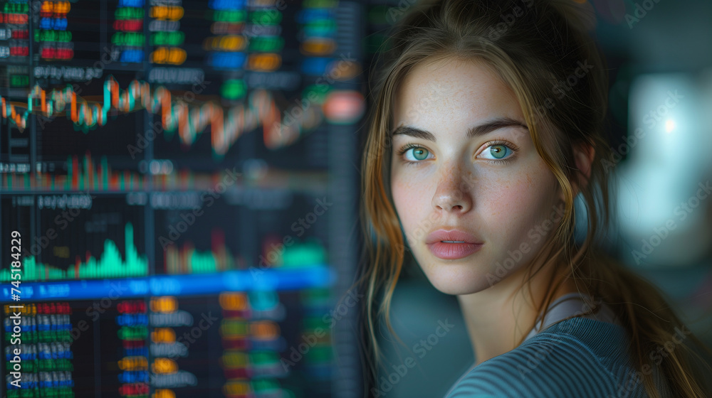 a young beautiful woman looking at the monitor with stock market data. Trading and financial concept. a young beautiful woman looking at the monitor with stock market data. Trading and financial concept.