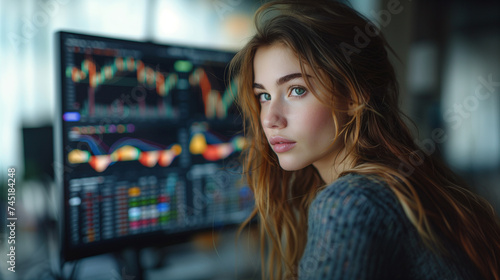 a young beautiful woman looking at the monitor with stock market data. Trading and financial concept. Free Download a young beautiful woman looking at the monitor with stock market data. Trading and financial concept. - GFXLoad