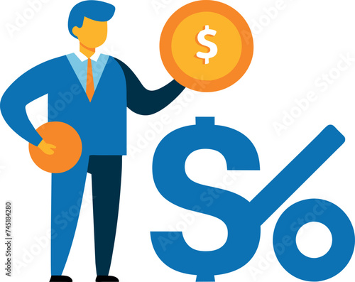 Lending; mortgage or loan interest rate; financial credit; economic expansion or income tax computation; debt or financial credit; investment notion; businessman with dollar money coin and percentage.