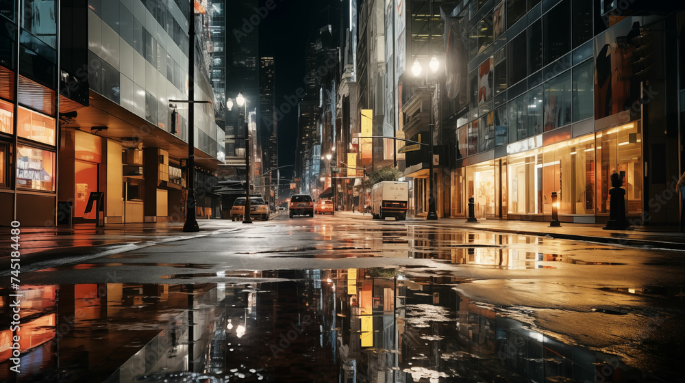 Urban Street Night Scene With Water Puddle. Generative AI