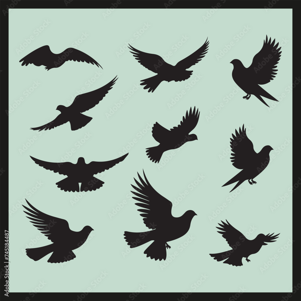 Dove black silhouette set vector, set of birds Dove black silhouette set vector, set of birds