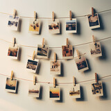 Polaroid photos pinned to a string with clothespins