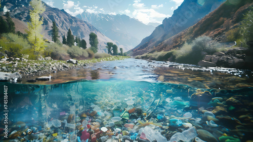 Water's Duality: Contrast between a polluted river and a crystal-clear mountain stream in a double exposure highlights the imperative of preserving water purity for the well-being of ecosystems. photo