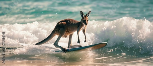 A kite-surfing kangaroo harnessing strong beach winds, gliding over ocean waves, a picture of adventure and fun